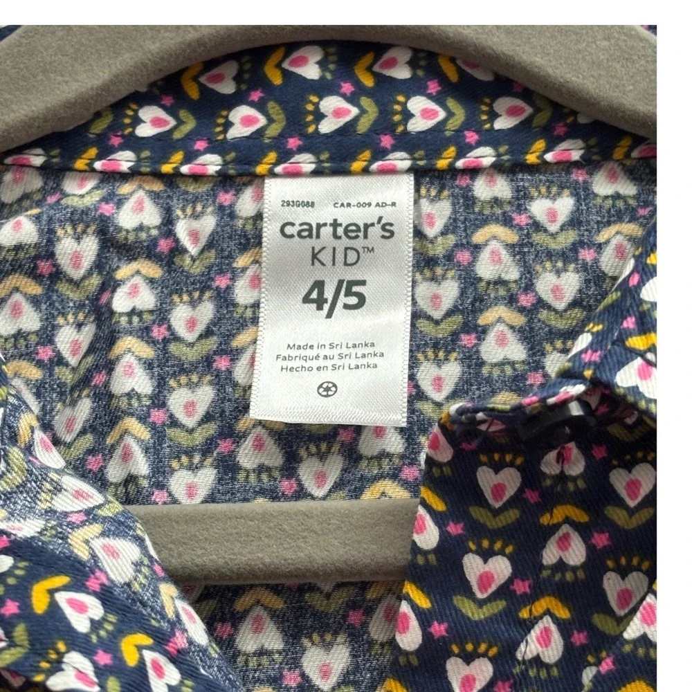 Carters Kid Girls Navy Blue Heart Floral Button Down Shirt Long Sleeve Size 4/5